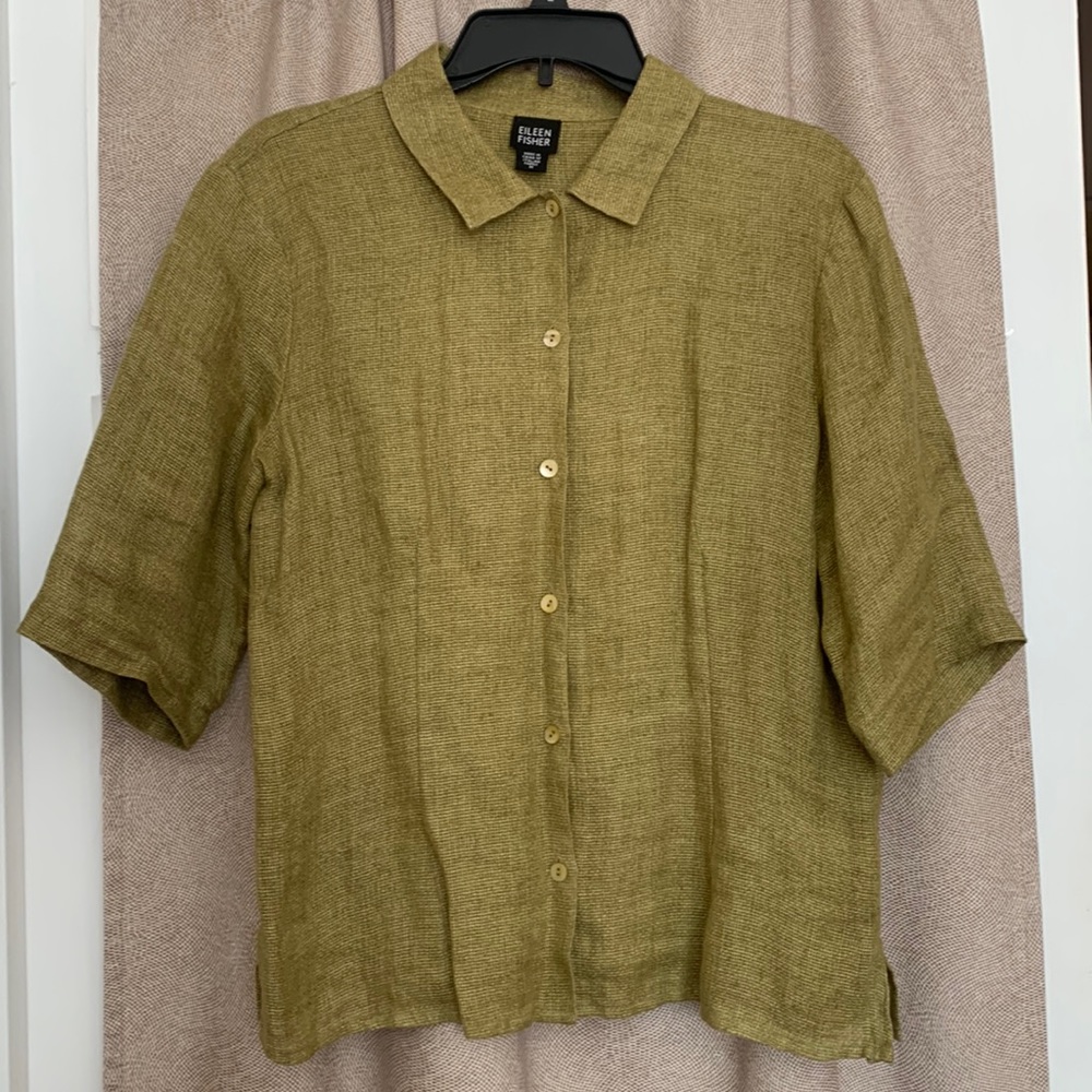 Eileen Fisher medium green linen blouse